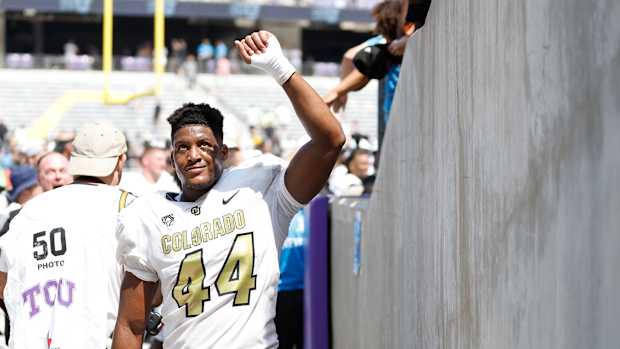 Colorado Buffaloes linebacker Jordan Domineck (44) celebrates after the game against the TCU Horned Frogs at Amon G. Carter Stadium